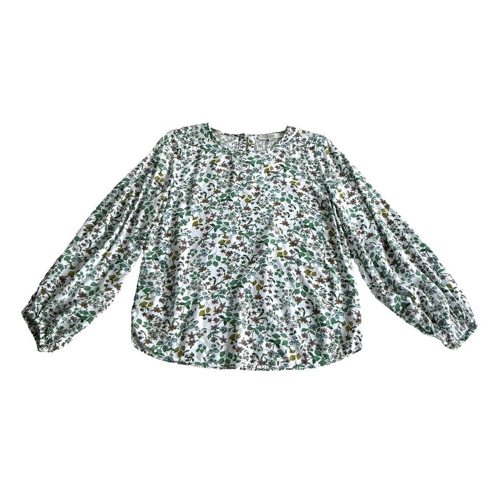 Ann Taylor LOFT Women's S Spring Long Sleeve White Floral Blouse Flowy Curve Hem